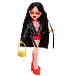 Jade wearing faux black leather jacket