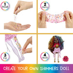 Step-by-step process of creating a shimmers doll with colorful accessories.