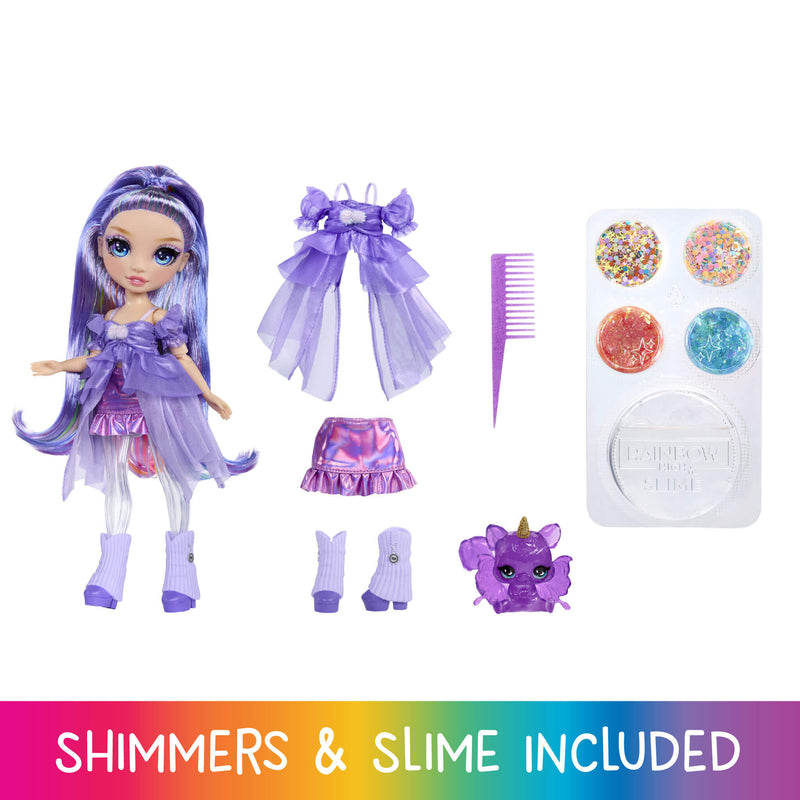 Purple doll with accessories including a dress, bow, and slime kit on a white background.