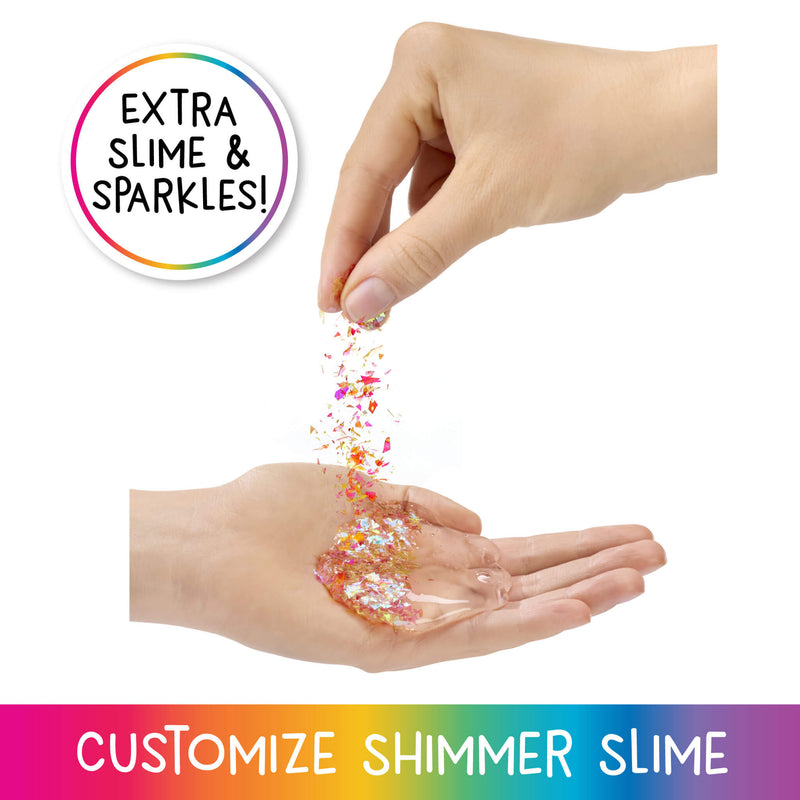 Hand pouring colorful glitter into another hand with 'Extra Slime & Sparkles' text and 'Customize Shimmer Slime' text at the bottom.