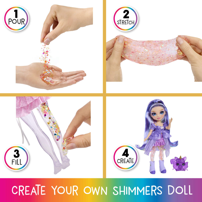 Step-by-step process of creating a shimmers doll with hands pouring, stretching, and filling materials.