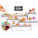 Twelve Miniature food items and display stand with a hand interacting with a toy pizza.