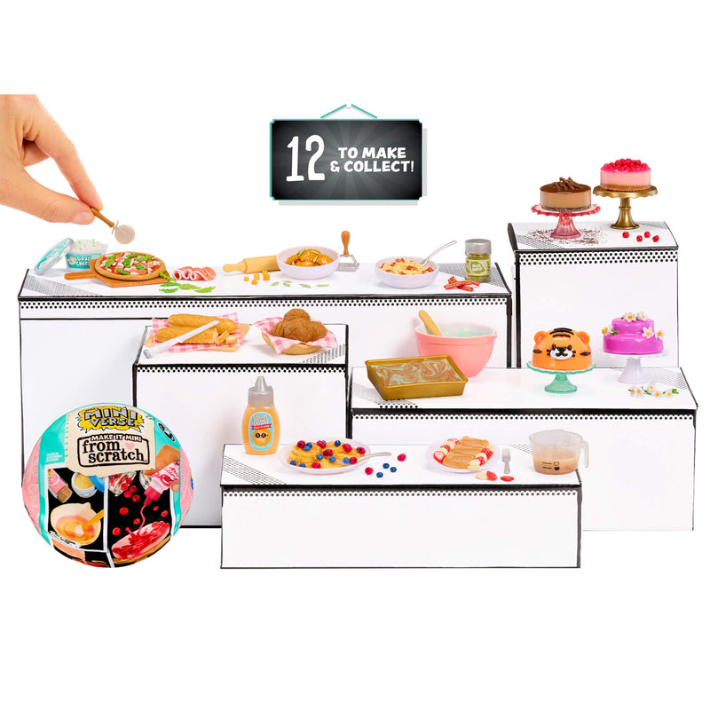 Twelve Miniature food items and display stand with a hand interacting with a toy pizza.