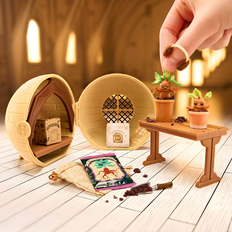 Miniature garden setup with small plants and a hand interacting with it on a wooden floor.