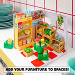 Miniature set with furniture and food items on a checkered floor.