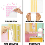 Step-by-step process of decorating a room with wallpaper and shelves.