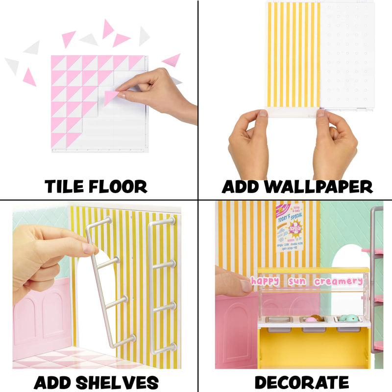 Step-by-step process of decorating a room with wallpaper and shelves.