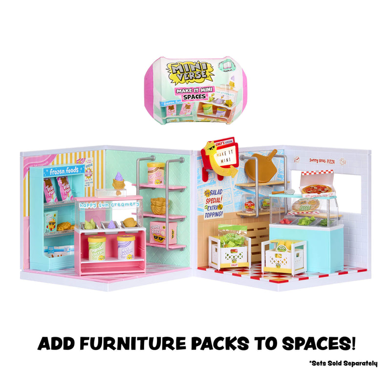 Miniature model of a store with furniture packs on a white background