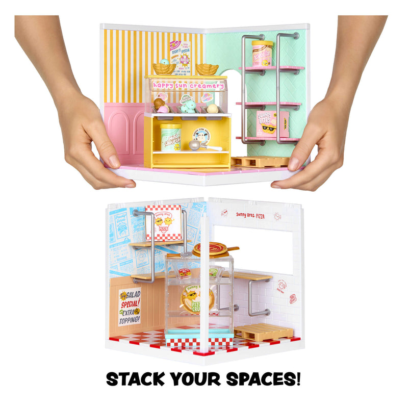Two toy kitchen sets being stacked on a white background with text 'Stack Your Spaces!'.