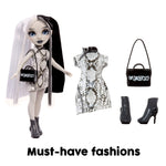 Doll with snake print outfit, black handbag, and high heels on a white background