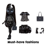 Fashion doll with black hair and outfit, surrounded by fashion accessories on a white background.