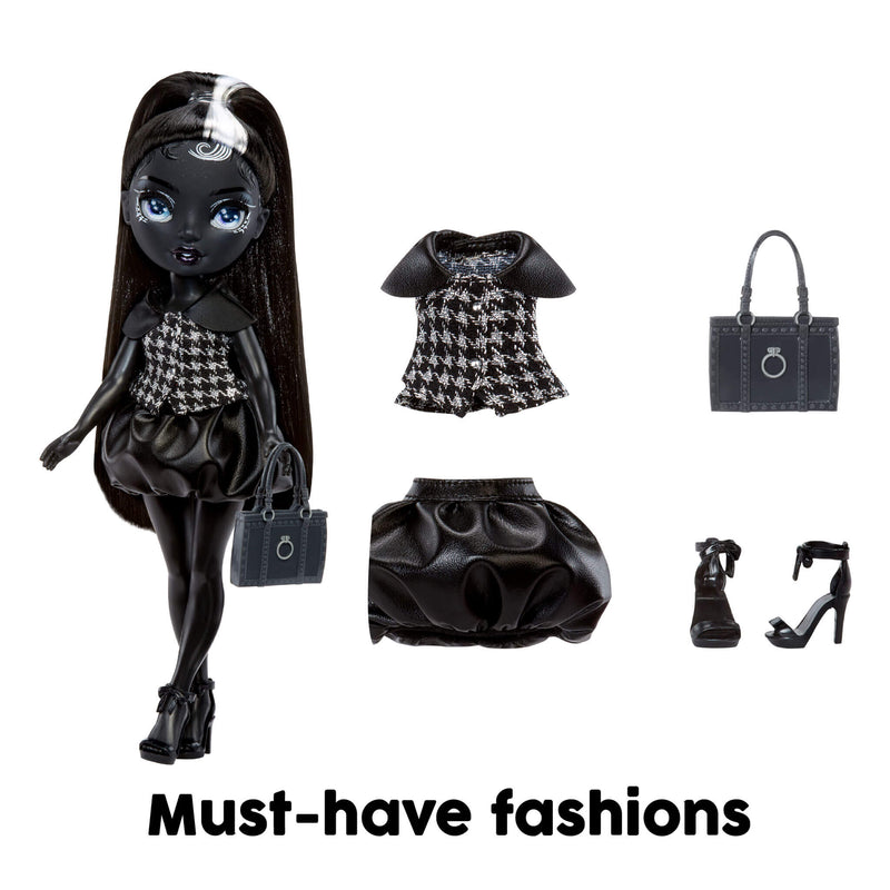 Fashion doll with black hair and outfit, surrounded by fashion accessories on a white background.
