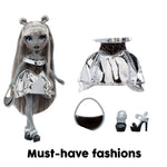 Doll with silver and black outfit, handbag, shoes, and accessories on a white background.