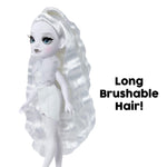 Doll with long white hair on a white background