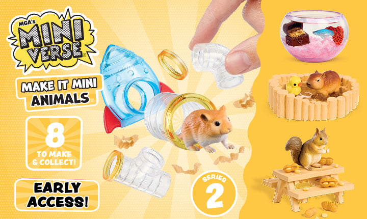 Miniature Miniverse animal figures and accessories on a yellow background with 'Mini Verse' branding.
