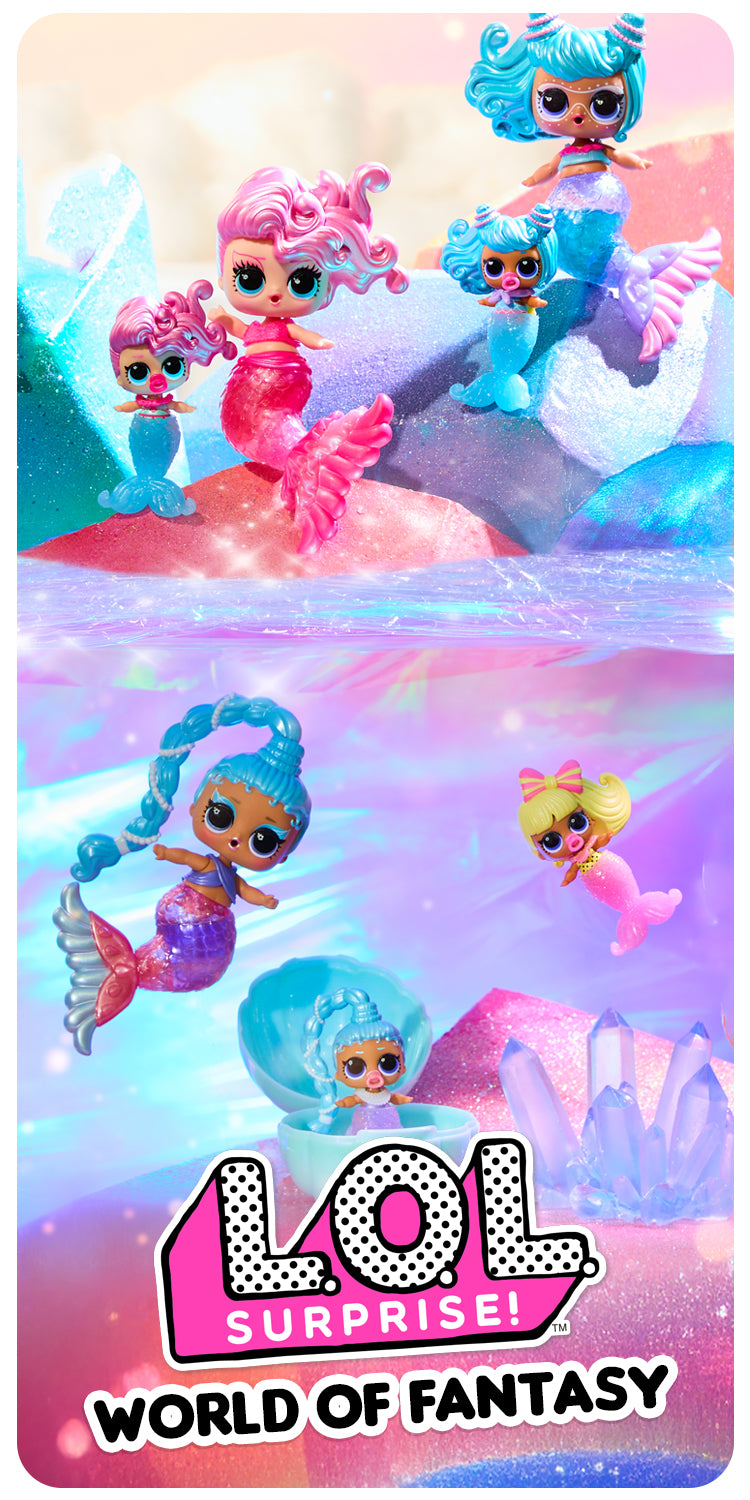 LOL Surprise! mermaid dolls with colorful packaging and 'World of Fantasy' text.