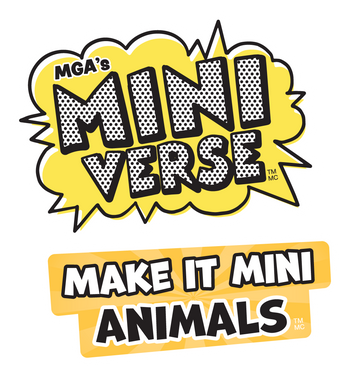 Logo for MGA's Mini Verse with a yellow speech bubble and text 'Make It Mini Animals' on a white background.