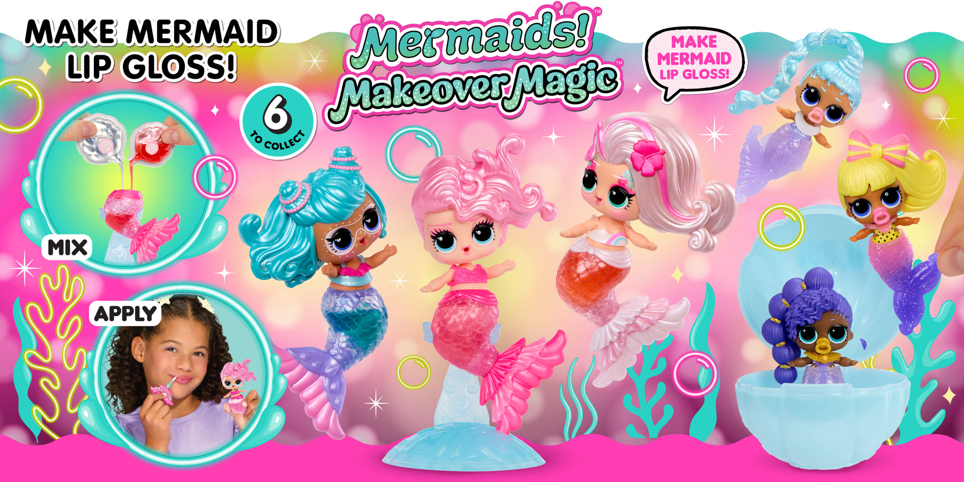 Mermaid-themed lip gloss set with mermaid dolls and colorful packaging on a pink background.