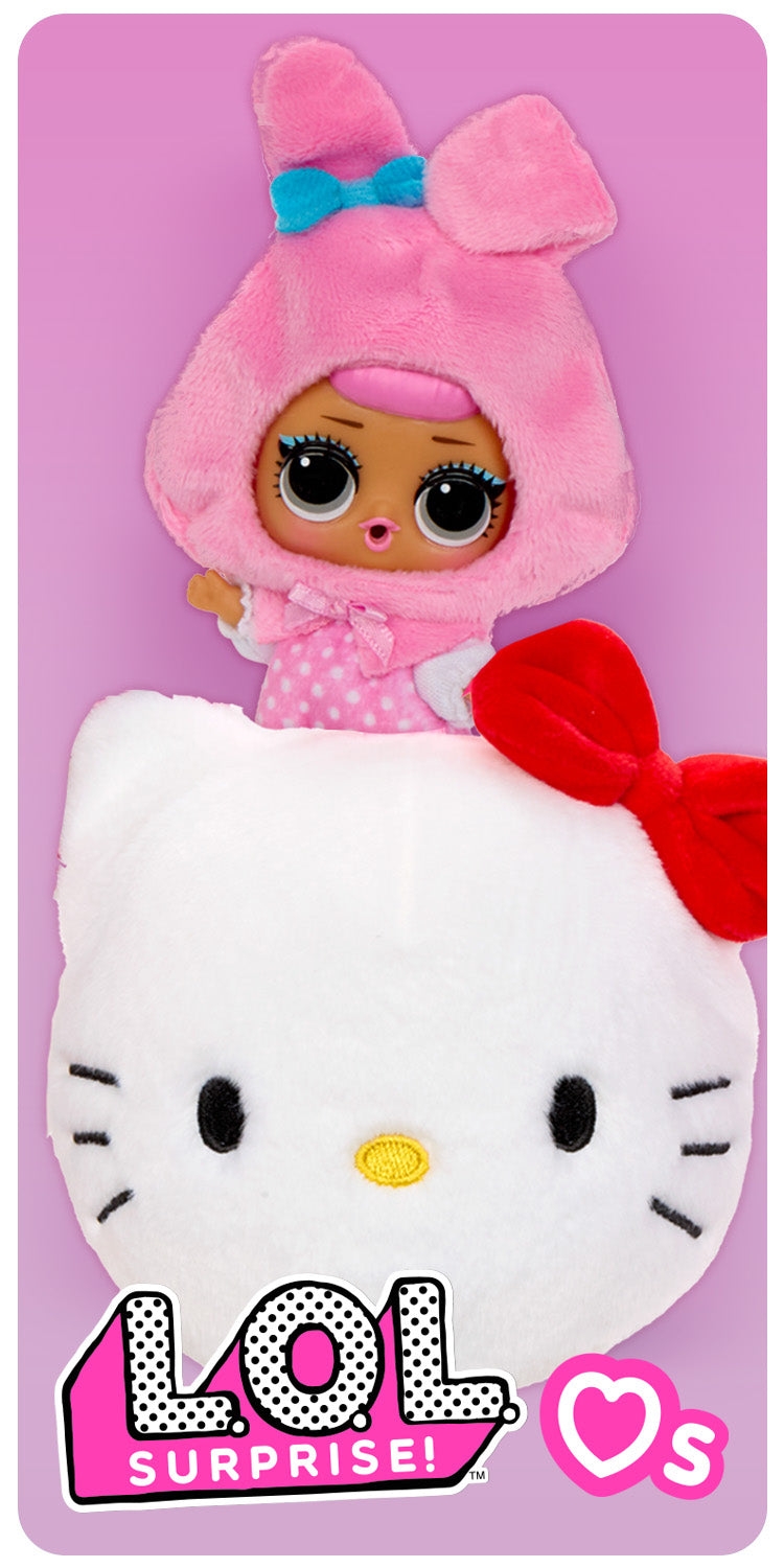 Toy figure in a pink outfit with a large white bowon a purple background with 'LOL Surprise!' branding.