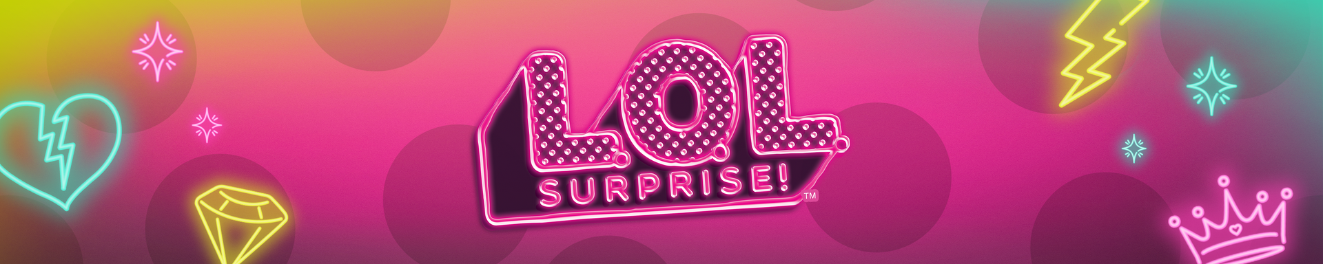 LOL Surprise logo on a vivid background with neon doodles