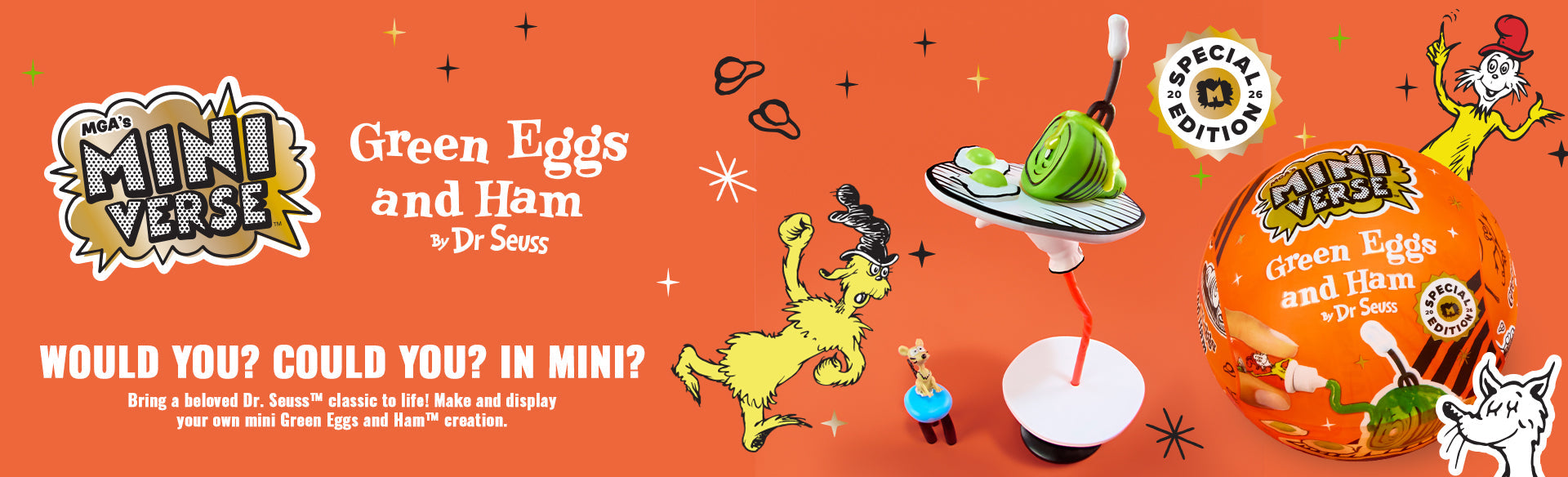 Miniverser Green Eggs and Ham character art from Dr Seuss with Miniverse item displayed. 