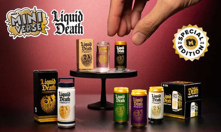 Miniature 'Liquid Death' drinks with packaging on a dark surface against a red background.