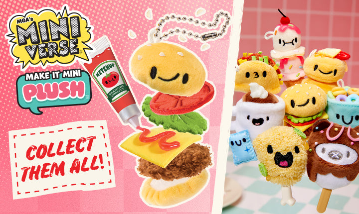 Miniature plush toys resembling food items with a promotional graphic on a pink background.