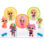 Seven colorful toy dolls with various hairstyles and outfits on a white background