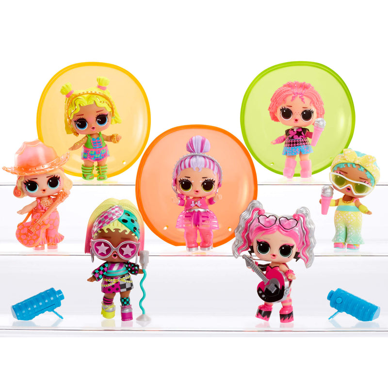 Seven colorful toy dolls with various hairstyles and outfits on a white background
