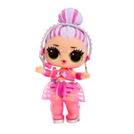 Toy doll with a head phone and pink outfit on a white background