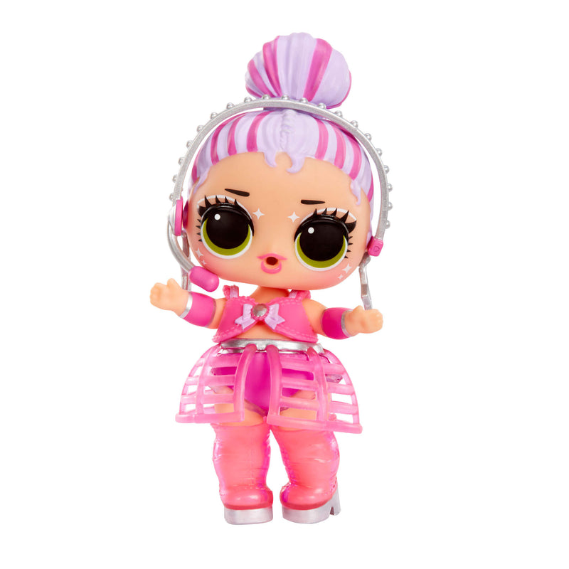Toy doll with a head phone and pink outfit on a white background