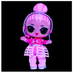 Toy figure with Neon pink and purple outfit on a black background
