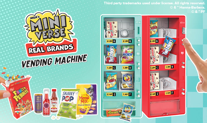 Vending machine toy with snacks and drinks on a blue background, featuring 'Mini Verse Real Brands' branding.