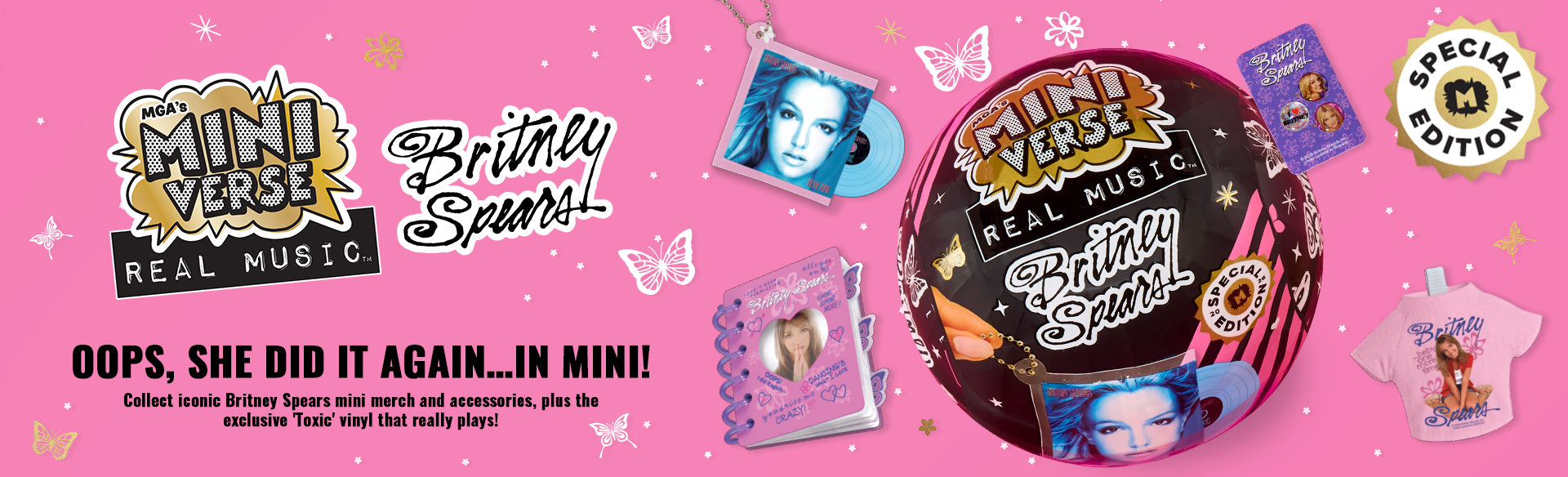 Promotional banner for Britney Spears MiniVerse collectible with packaging and character images on a pink background.