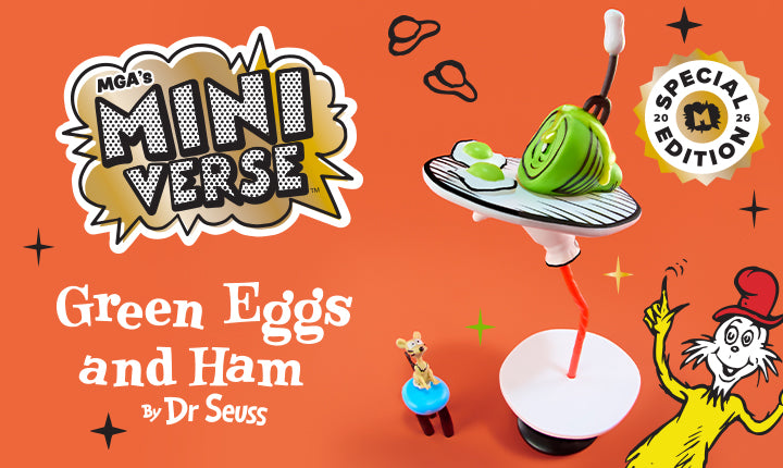 A colorful graphic cover for 'Green Eggs and Ham' from MGA's Mini Verse, featuring Dr. Seuss's character the Hamster in a blue suit, a green egg on a plate, and a cartoon illustration of the Truff-Cheek on an orange background.