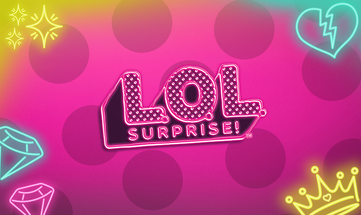 LOL Surprise logo on a vivid pink background with polka dots and neon doodles