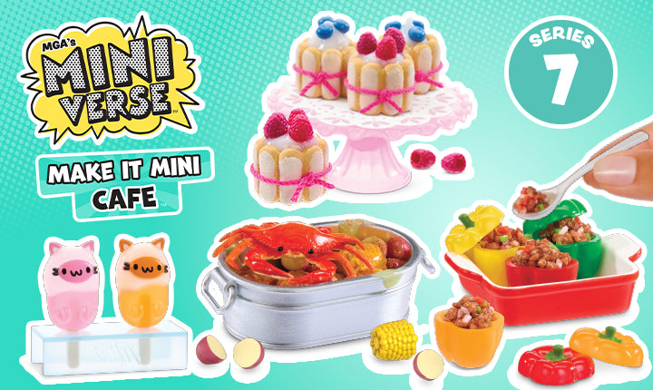 MGA's Mini Verse Make It Mini Cafe Series 7 toy set featuring miniature food items, stuffed peppers, cupcakes, and cat-shaped cups on a bright teal background.