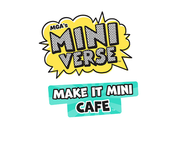 A stylized logo reading 'MGA's Mini Verse' in a comic-book speech-bubble shape with a yellow background, and 'Make It Mini Cafe' below on a teal banner, shown on a plain white background.