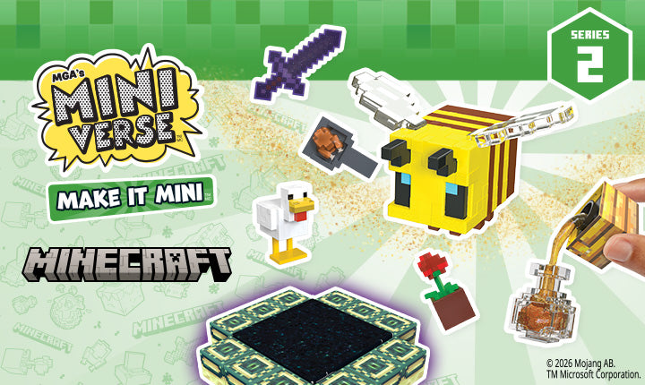 Minecraft Mini Verse Series 2 toy set packaging featuring a bee, chicken, sword, flower, and other blocky game-inspired miniatures on a green and white illustrated background.
