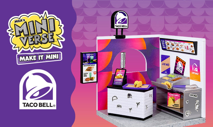 Miniverse Taco Bell Playset and Series 2 Make It Mini Taco Bell on a colorful Taco Bell styled background