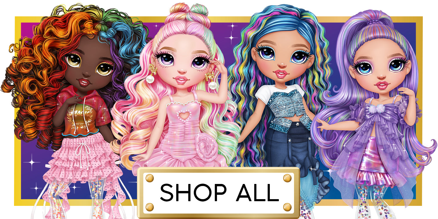 Four dolls with colorful hair and outfits in front of a 'Shop All' sign on a purple background