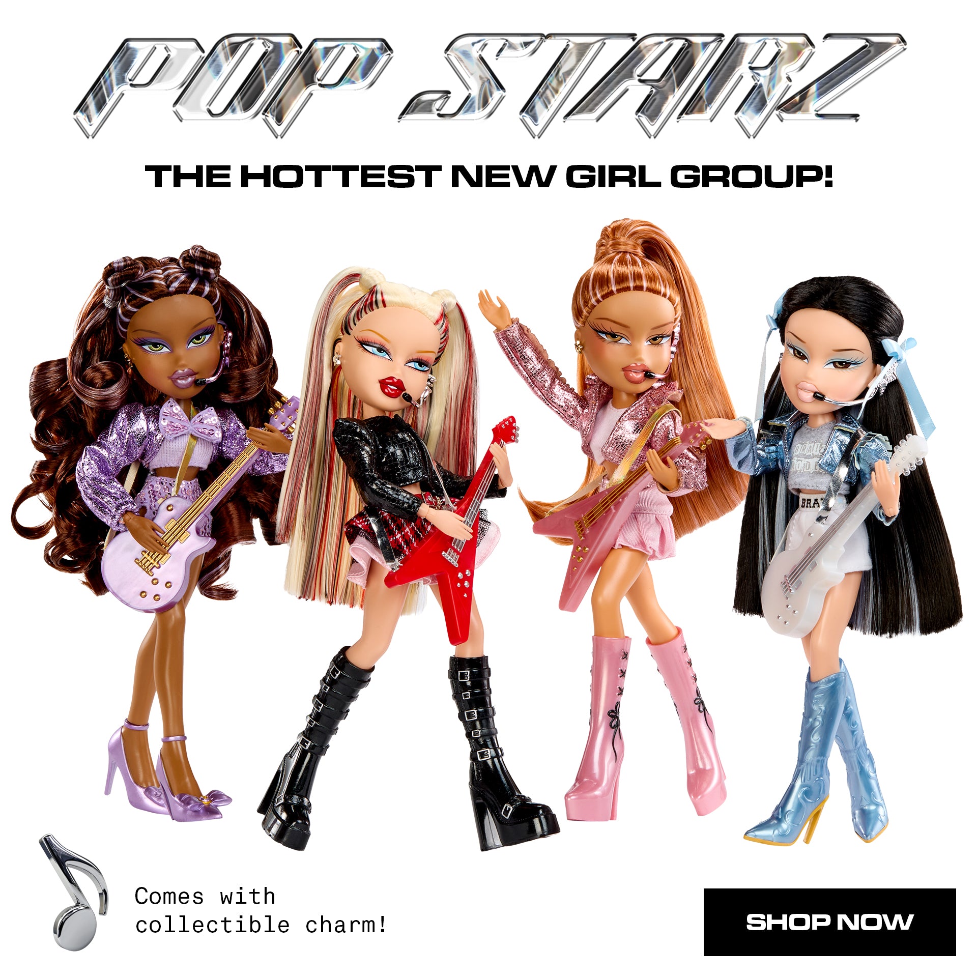 Four dolls in rock star outfits with 'Pop Starz' branding and promotional text.