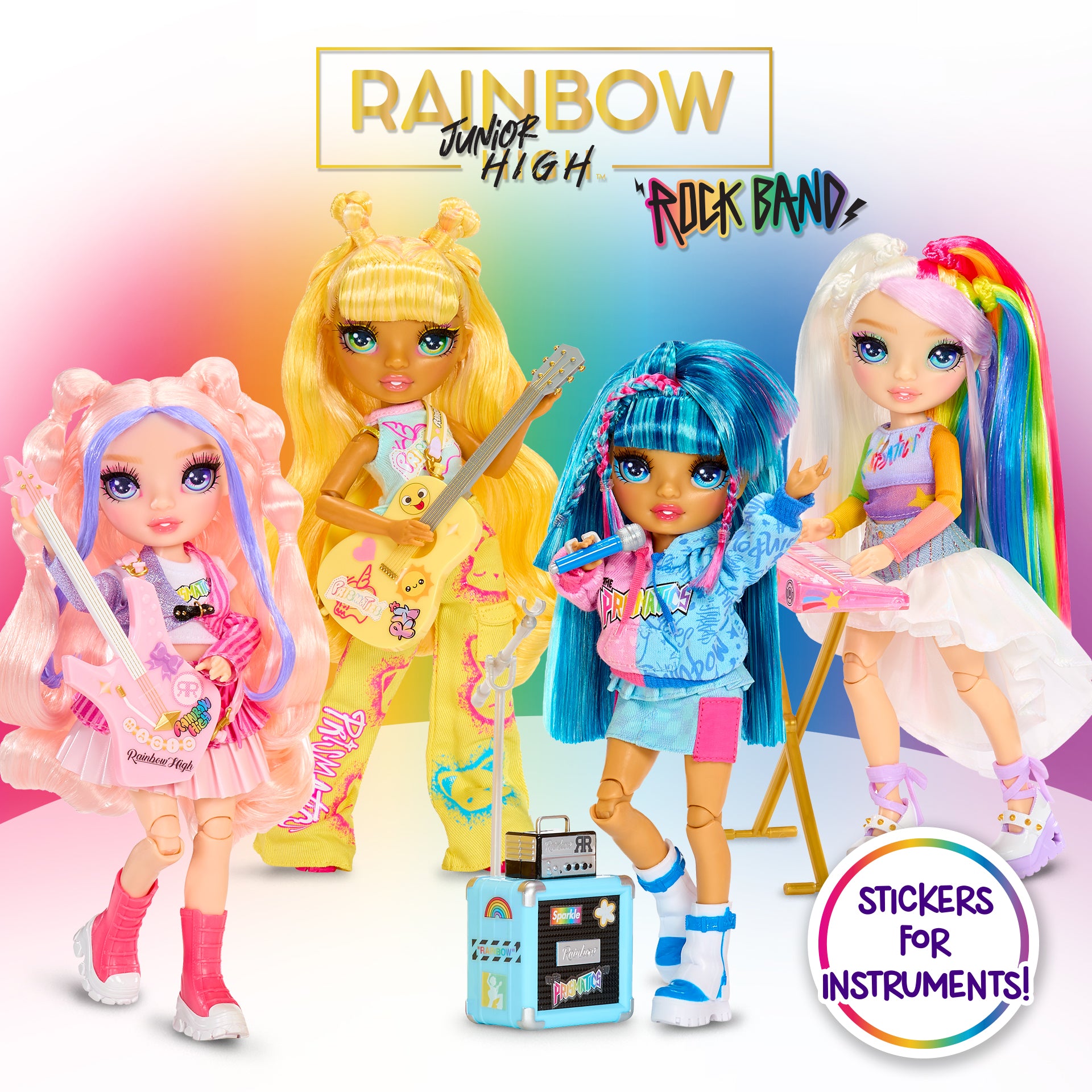 Four dolls with colorful hairstyles and outfits, holding musical instruments, on a gradient background with 'Rainbow High' branding. Rainbow High Jr High Rock Band
