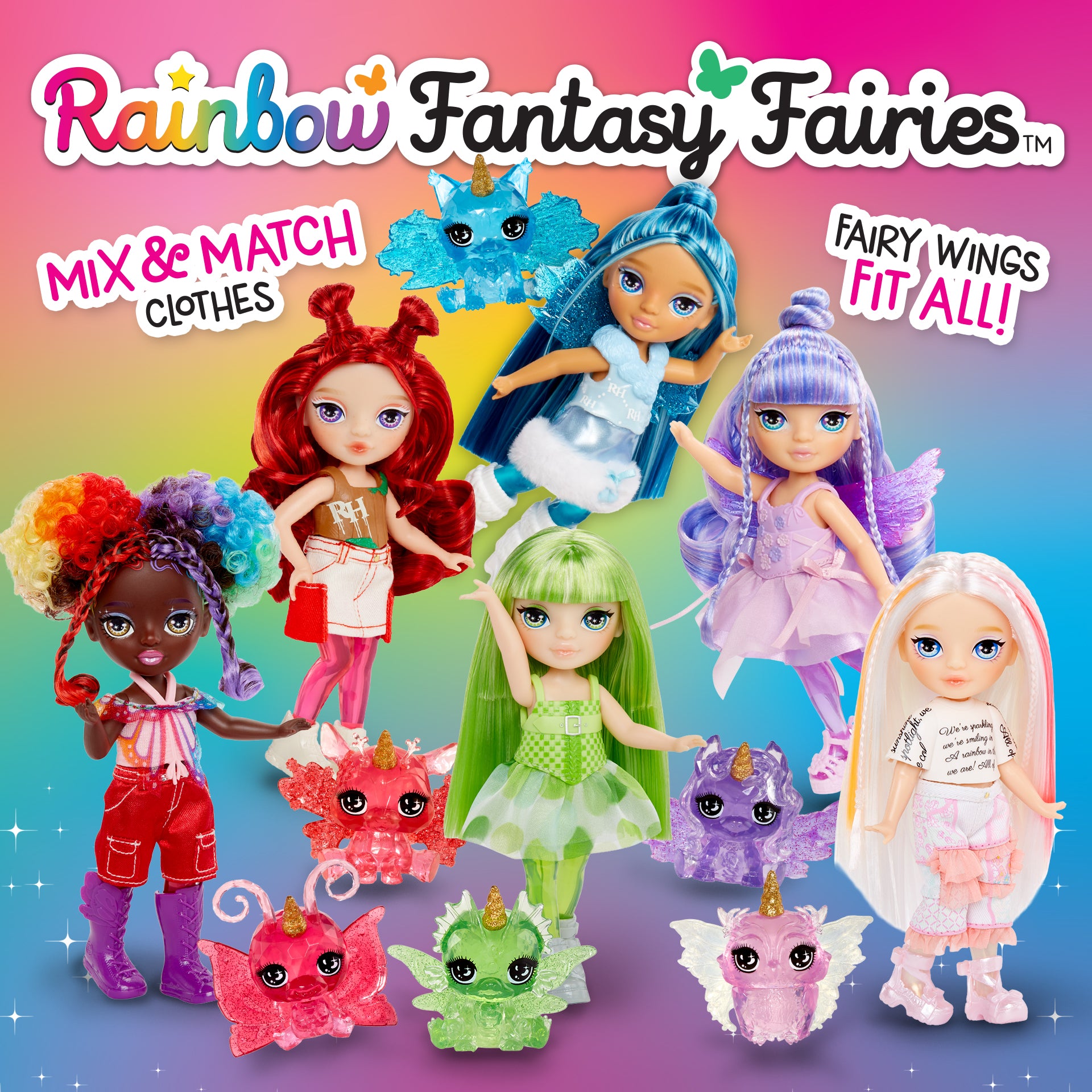 Rainbow Fantasy Fairies dolls with colorful hair and outfits on a gradient background