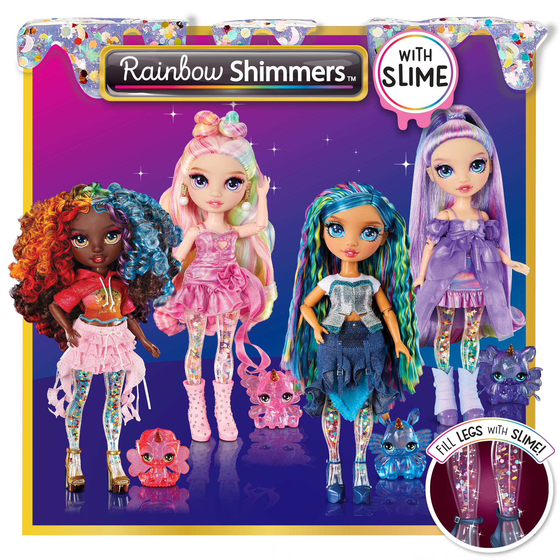 Packaging of Rainbow Shimmers dolls with slime feature on a purple background