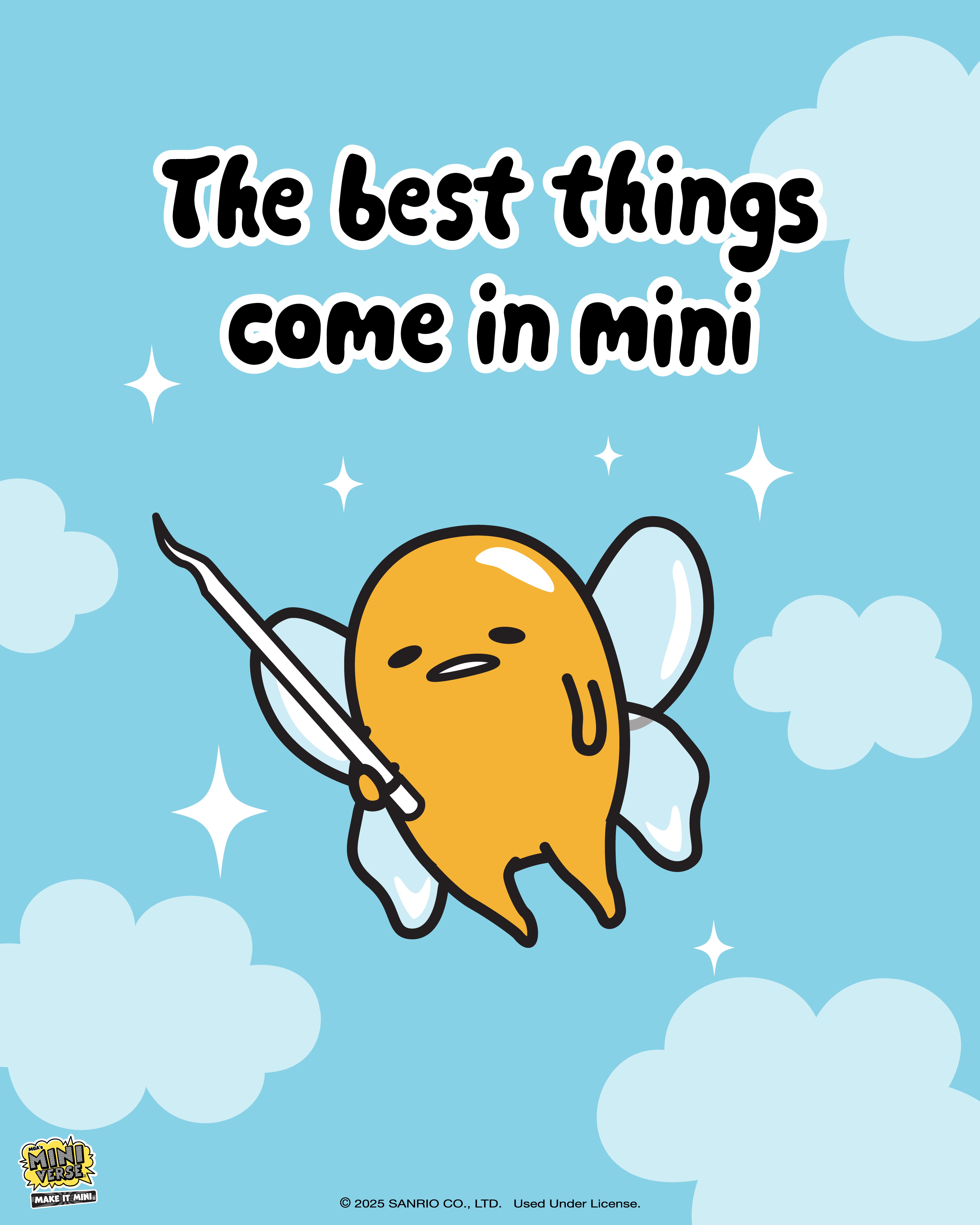 Miniverse Gudetama character with sword on blue background with 'The best things come in mini' text