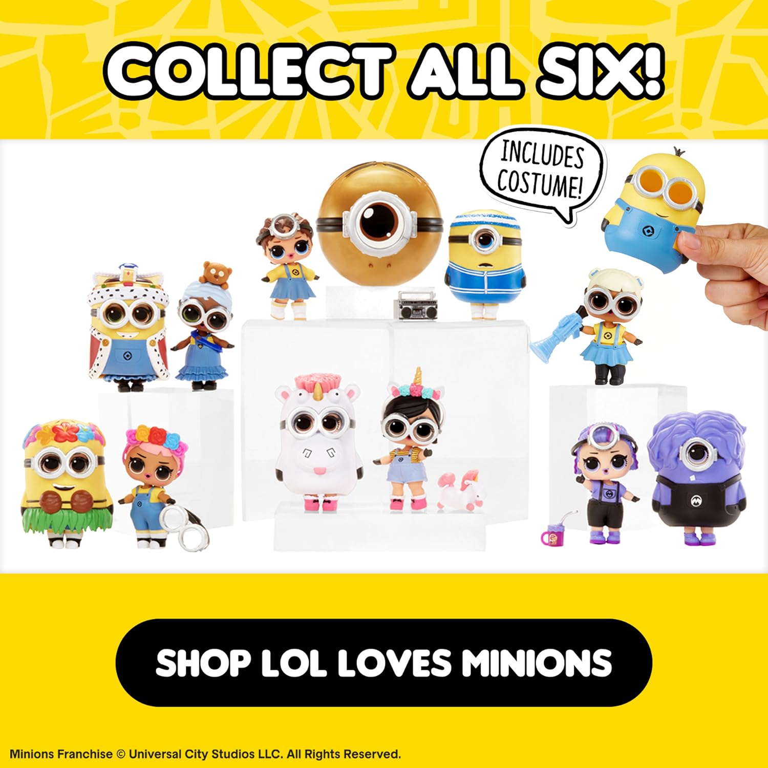 Collection of LOL Loves Minions figurines with promotional text on a yellow background
