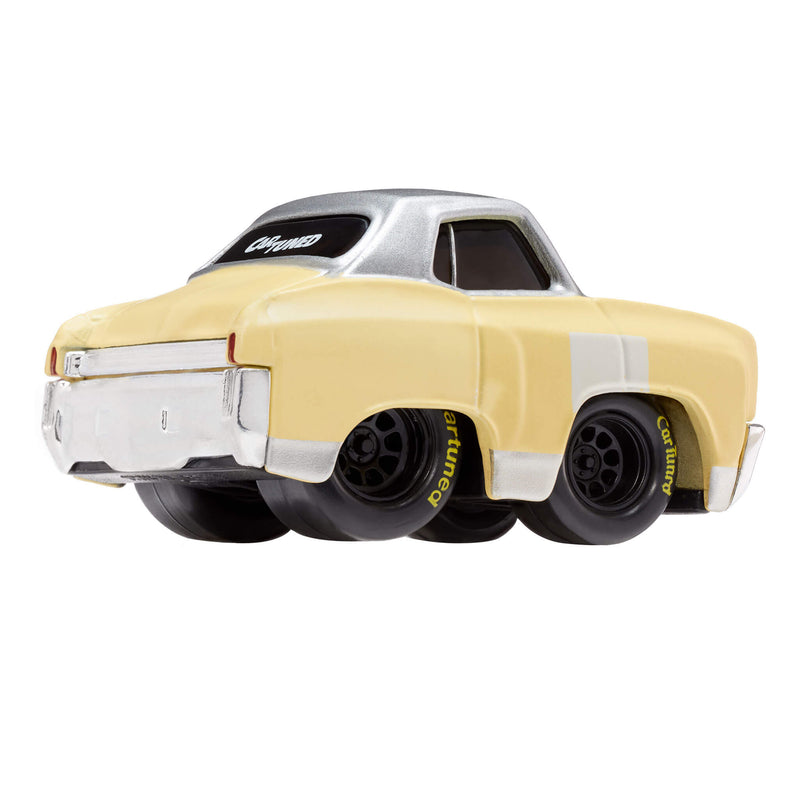 A die-cast metal model car of a classic Chevrolet Monte Carlo, featuring a yellow body with silver roof, black wheels with ‘CarTuned’ in yellow, with ‘CarTuned’ on back window shown on a white background.