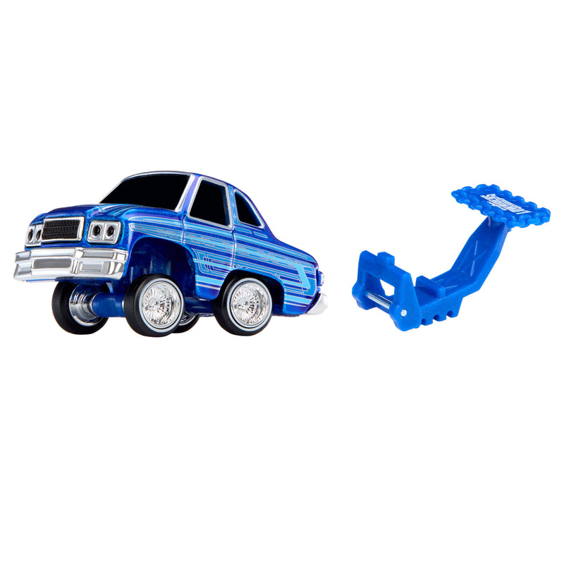 Blue toy car with a detachable Hopper Chassis on a white background