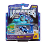Toy car packaging for a '75 Chevy Impala with 'Car Tuned' and 'Loweriders' branding.